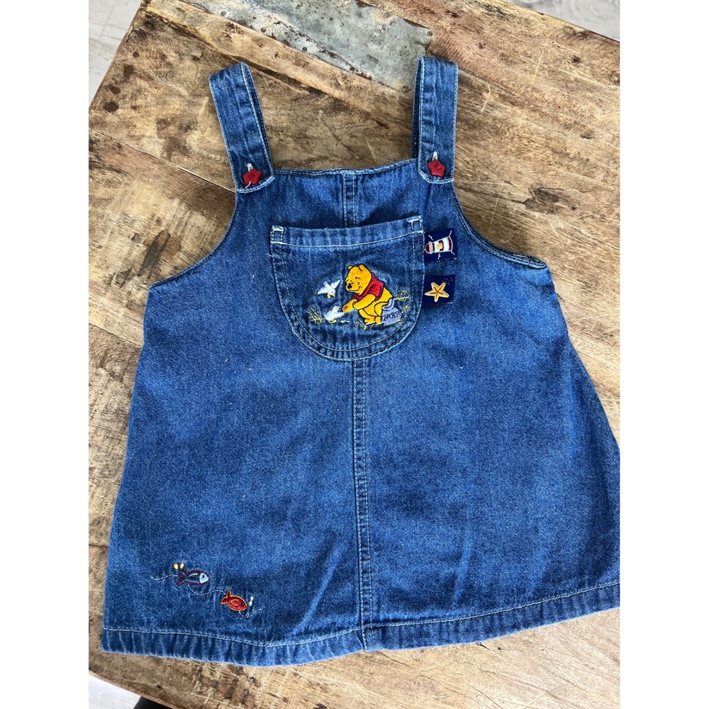 Vintage Disney Store Winnie the Pooh Denim Overall Jumper Dress Blue 18-24M